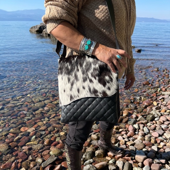 New Genuine Cowhide & Quilted Leather Crossbody Flap Bag Western Festival Black - Picture 3 of 16